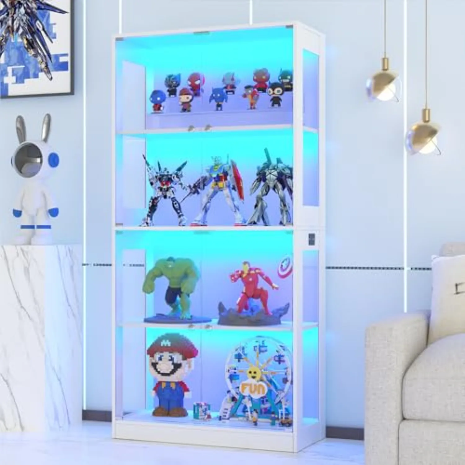 Vitrina de Exhibición de 65'' con Puerta de Vidrio, Vitrina de 4 Niveles | Sensor de cuerpo humano, iluminación LED de 3 colores, vitrina para