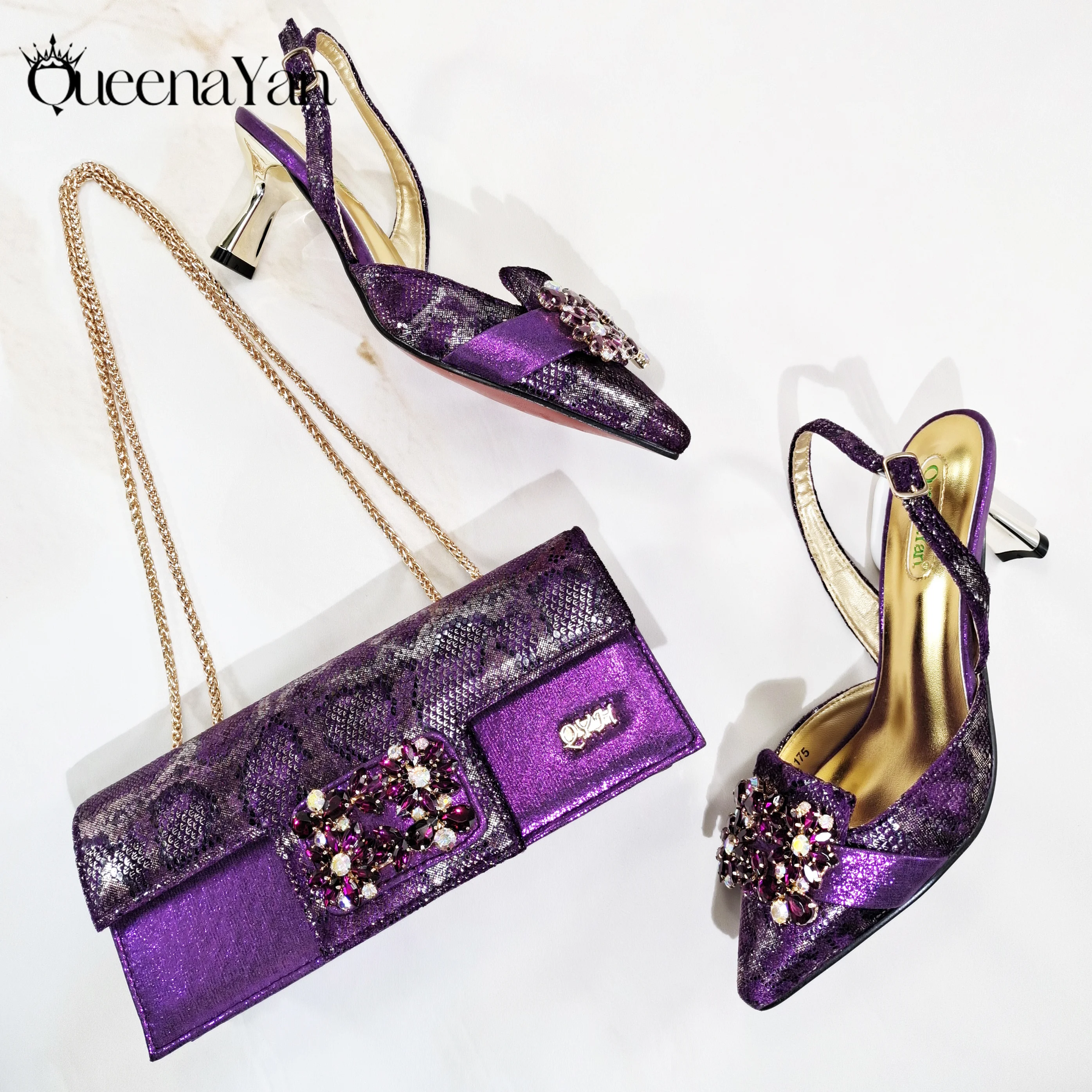 

Queena Yan Elegant Mature Purple Color Style Rhinestone and Print Design Pointed Toe High Heels and Bag Set for Party Wedding