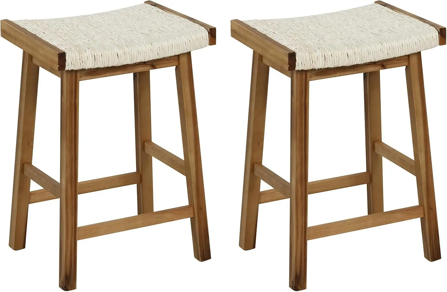 Costway Dining Saddle Stools Set Of 2, 25.5-Inch Counter Height Chairs With Seaweed Woven Seat, Rubber Wood, Acacia Wood Frame,