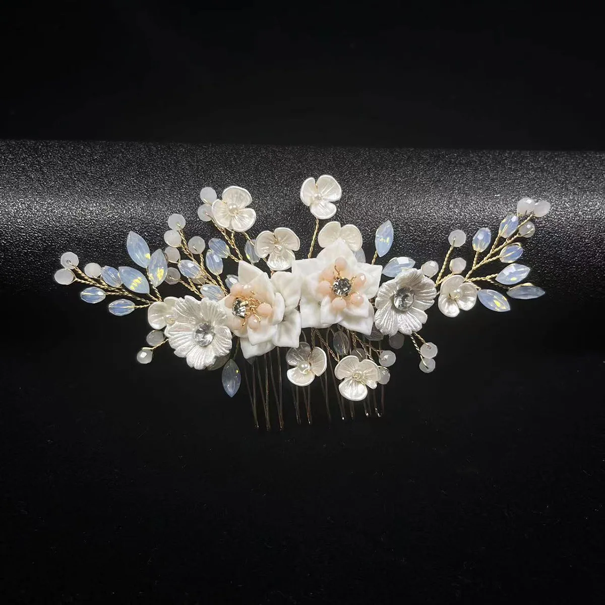 

SLBRIDAL Handmade Crystals Rhinestones Pearl Ceramic Flower Bridal Hair Comb Wedding Hair Accessories Bridesmaids Women Jewelry