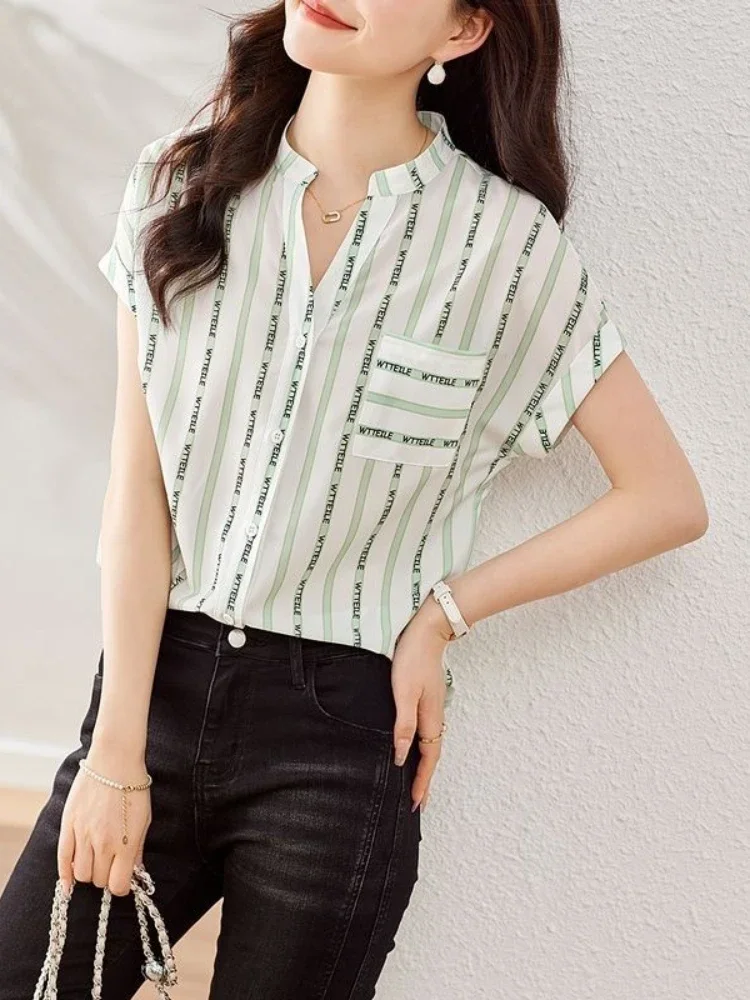 Pattern with Designs Short Sleeve Shirts & Blouses for Women Chiffon Woman Top Blouse Vintage Tunic 2024 New Pretty Elegant Chic