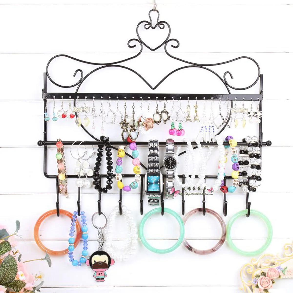 

Black 31.5*34Cm 28-Hole Metal Jewelry Display Stand For Earrings Necklaces Bracelets Wall Mount Organizer Rack