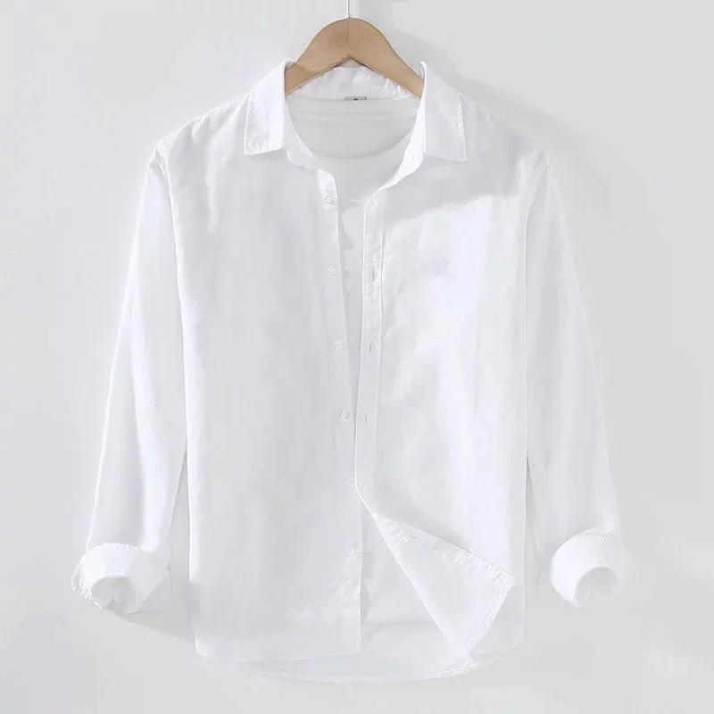 

Business Casual Cotton Long Sleeve Men's Shirt Loose Workwear Outerwear Autumn Fashion White Shirt V-Neck Breathable Lightweight