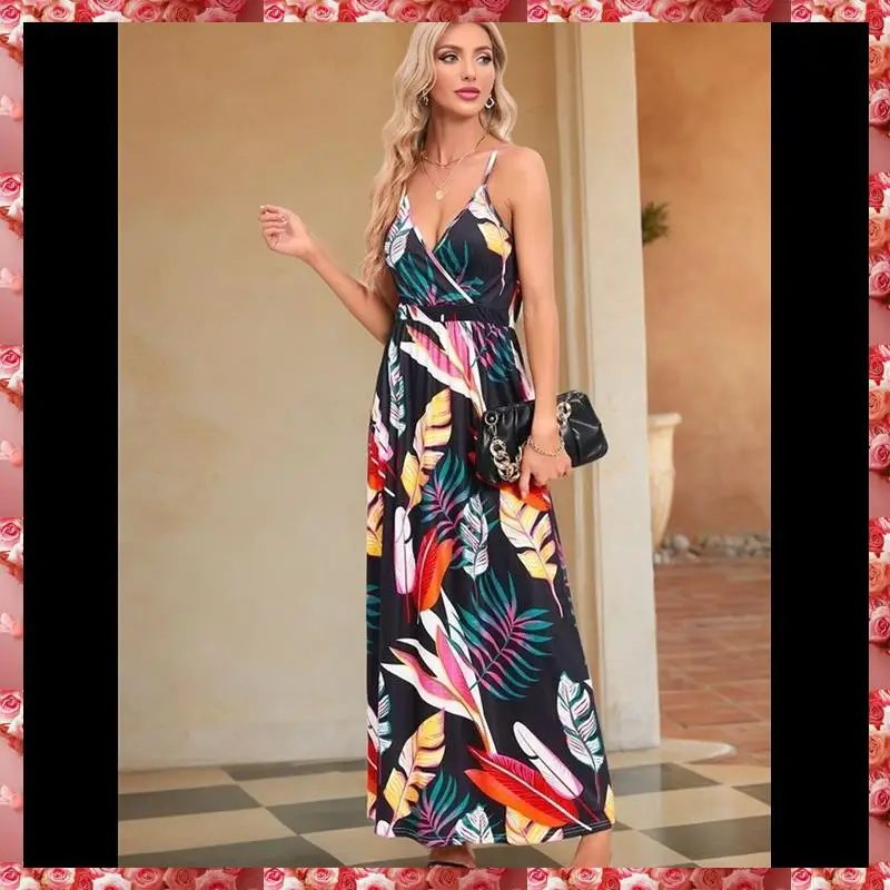 Women's 2025 Summer Maxi Dress Floral Tie Front Spaghetti Strap Casual Boho Beach Flowy Sundress