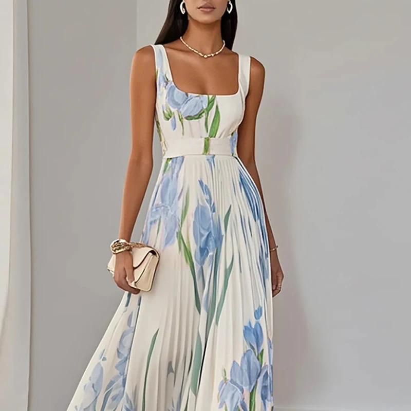 New Women's Sleeveless Straps Summer Dress Elegant Floral Print Pleated Long Dresses Spring Square Collar High Waist Party Dress - Image 6