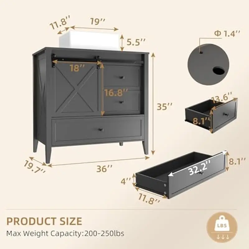 36 Inch Modern Bathroom Vanity in Grey Finish Featuring Ceramic Sink Sliding Cabinet Doors Three Soft-Close Drawers Durable Engi