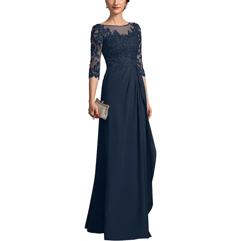 

Chiffon Navy Mother of The Bride Dress Customized Scoop Neck 3/4 Sleeves Applique Ruffles A Line GodMom Wedding Guest Gown
