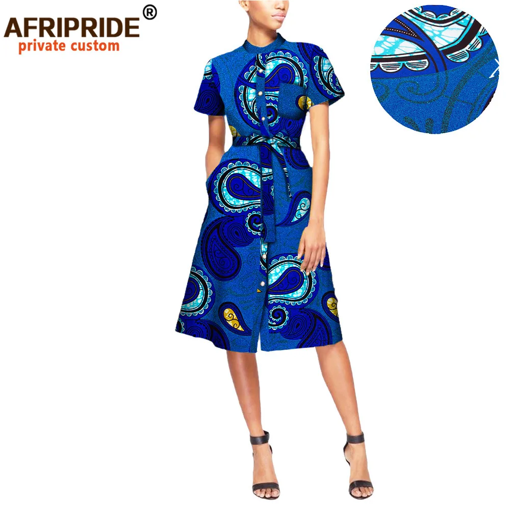 African Dresses for Women Casual Wear Plus Size Private Custom Short Sleeve Knee-length Button Dress with Sashes A7225109
