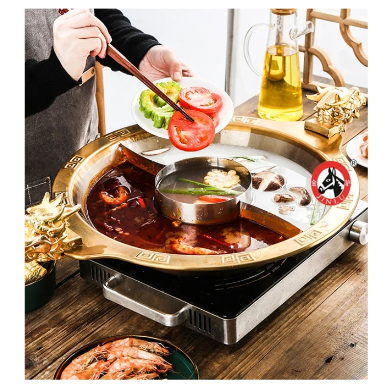 Stainless Steel Hotpot Divider 36/38cm Induction Cookers Chinese Dragon Head Golden Soup Hotpot Round Chafing for Party Family