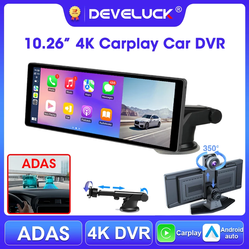 

Develuck 10,26-дюймовый автомобильный видеорегистратор ADAS 4K, передняя и задняя камера Carplay Android Auto 350 ° Регистратор Поворотная передняя камера GPS-навигация