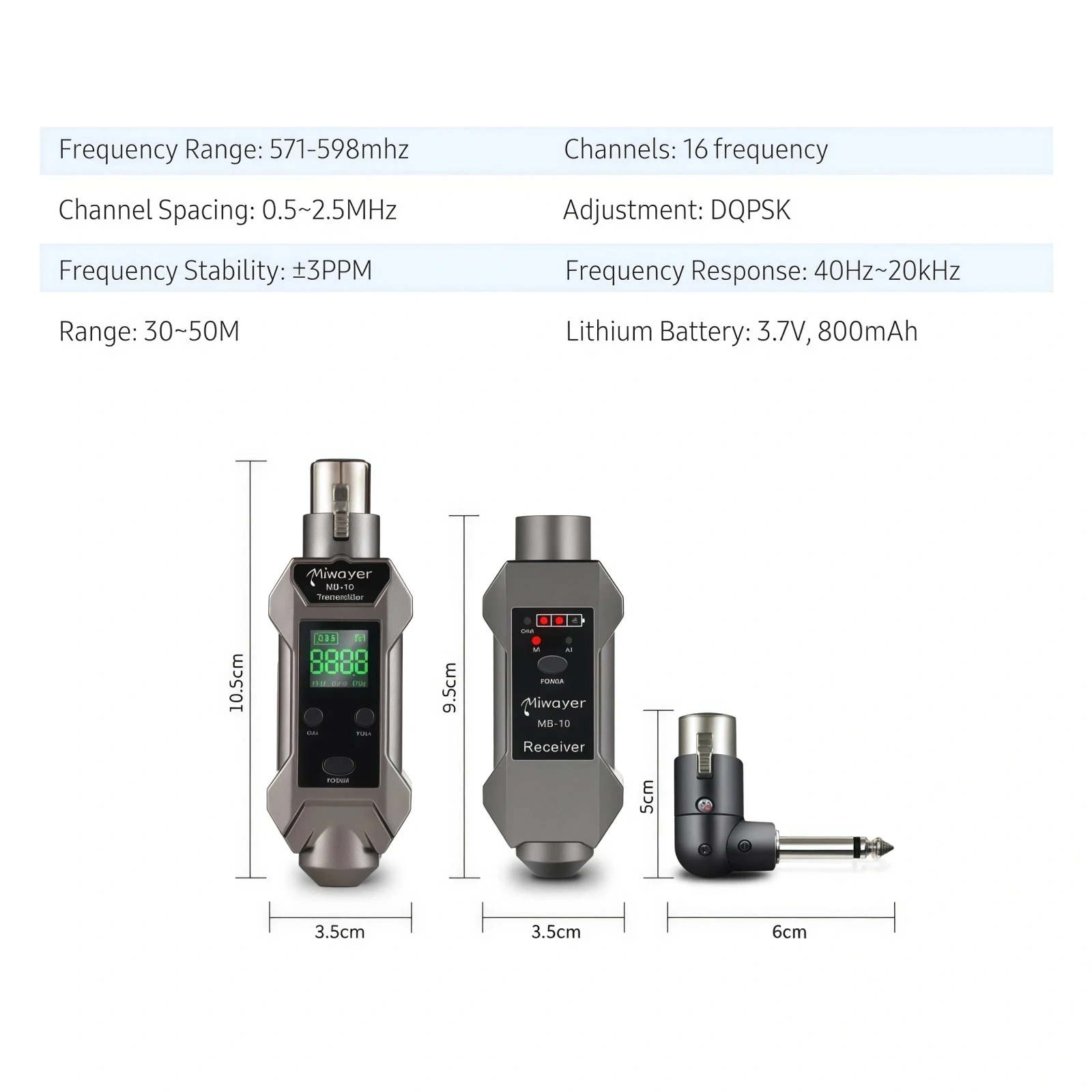 Miwayer MB-10 Wireless XLR Microphone Converter UHF Transmitter Receiver, for Dynamic Microphone, Rechargeable, for Stage Use