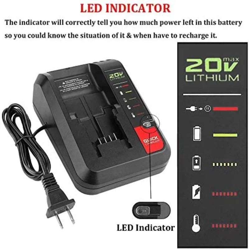 2A Lithium Battery Charger for Porter Cable 10.8V-20V Li-ion Battery for Black & Decker/Stanley LED Indicator