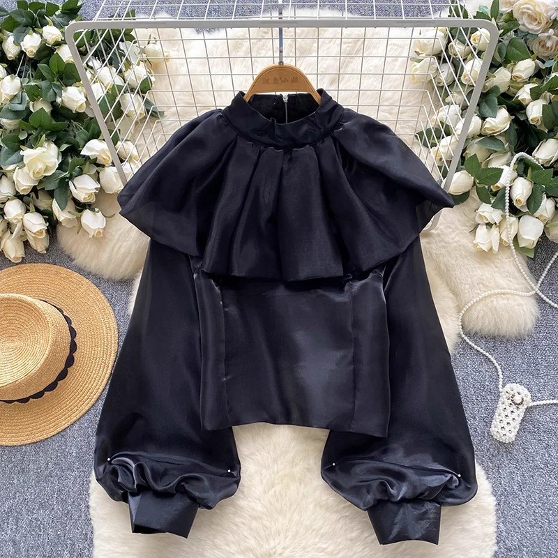 

Floral Lantern Sleeve Shirt For Women, Autumn Satin Ruffle Design, Elegant High-End Socialite Style Top