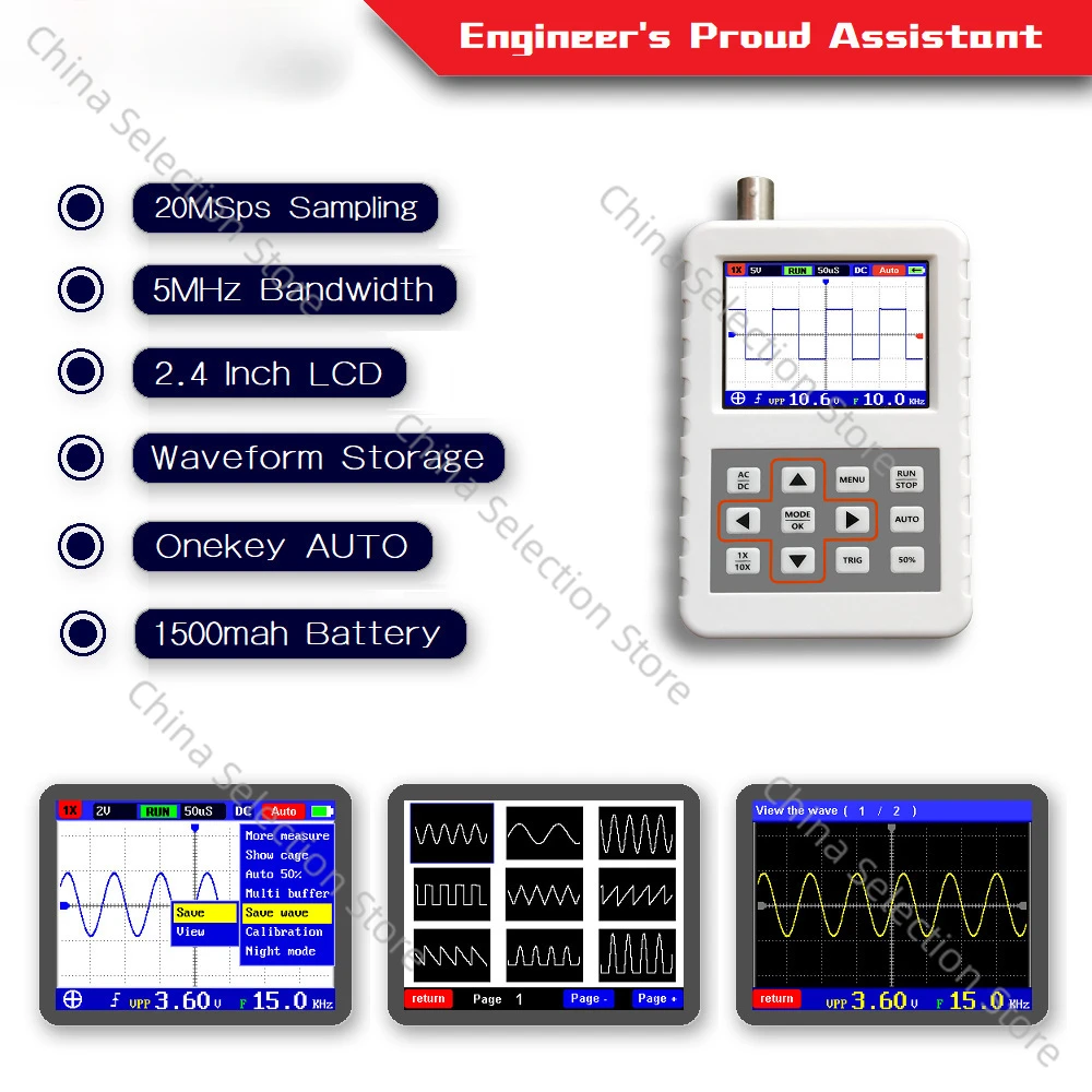 Digital Handheld Oscilloscope 5M Bandwidth 20MSps Sampling Rate, English Version