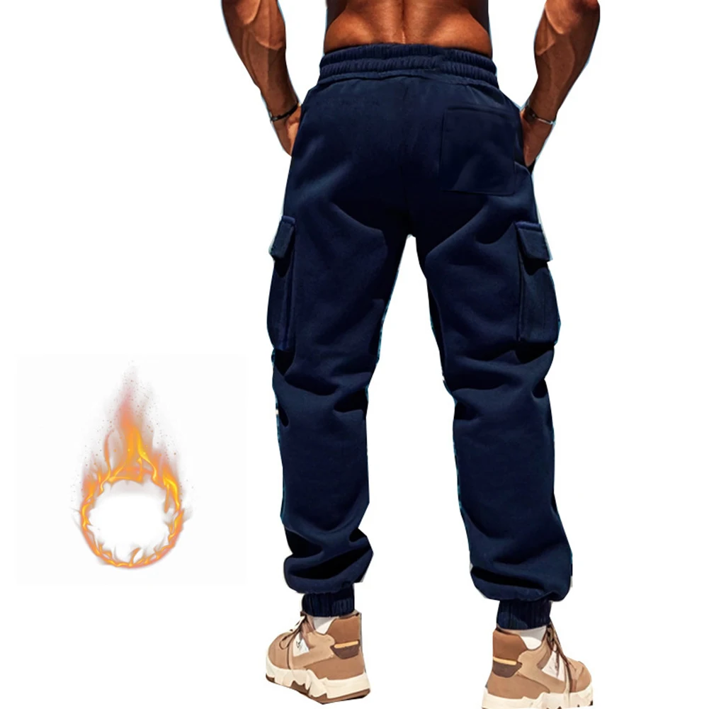 Mens Autumn Winter Plus Velvet Multi-pocket Cargo Pants Straight Fit Sweatpants Straight Fit Sports Sweatpants Fashion