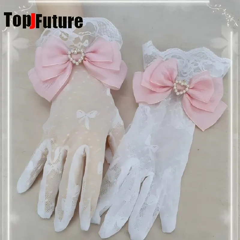 Y2K Girl Sweet Lolita Gothic Elastic Thin Breathable Lace Ruffle Glove With Bow Heart Pearl Chain Subculture Split Finger Gloves