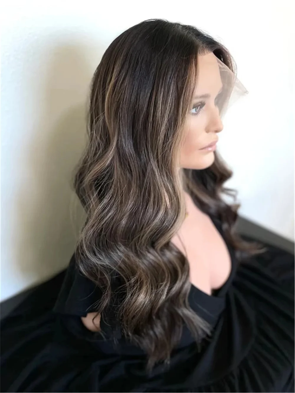 Dark Brown Brunette Synthetic Wig Free Part Long Loose Wave Lace Front Wig Glueless Wig for Women Premium Heat Resistant 24Inch