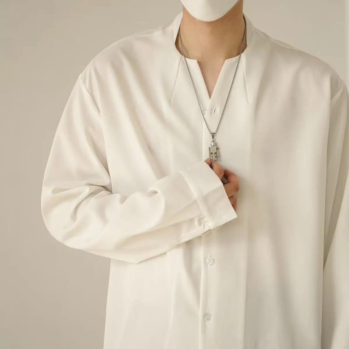 

New Chinese Style Stand Collar Long Sleeve Men's Casual Shirt Draping Trendy White High End Feel Korean Version Business Casual