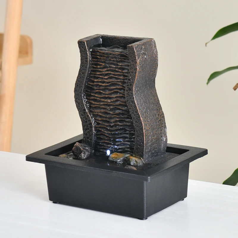 LED Lucky Wealth Transfer Ball Rockery Waterfall Flowing Water Desktop Fountain Resin Landscape Ornament Home Decoration