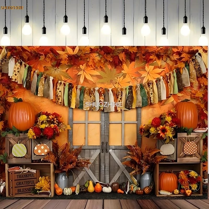 Halloween Day Autumnal Pumpkins Photography Backdrops Props Maple Leaf Scarecrow Farm Harvest Thanksgiving Background RR-16
