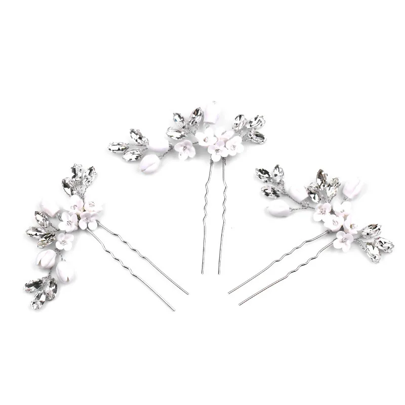 Exquisite Girls Hair Accessories Silver Rhinestone Clay Flower Headwear Wedding Bridal Hair Forks