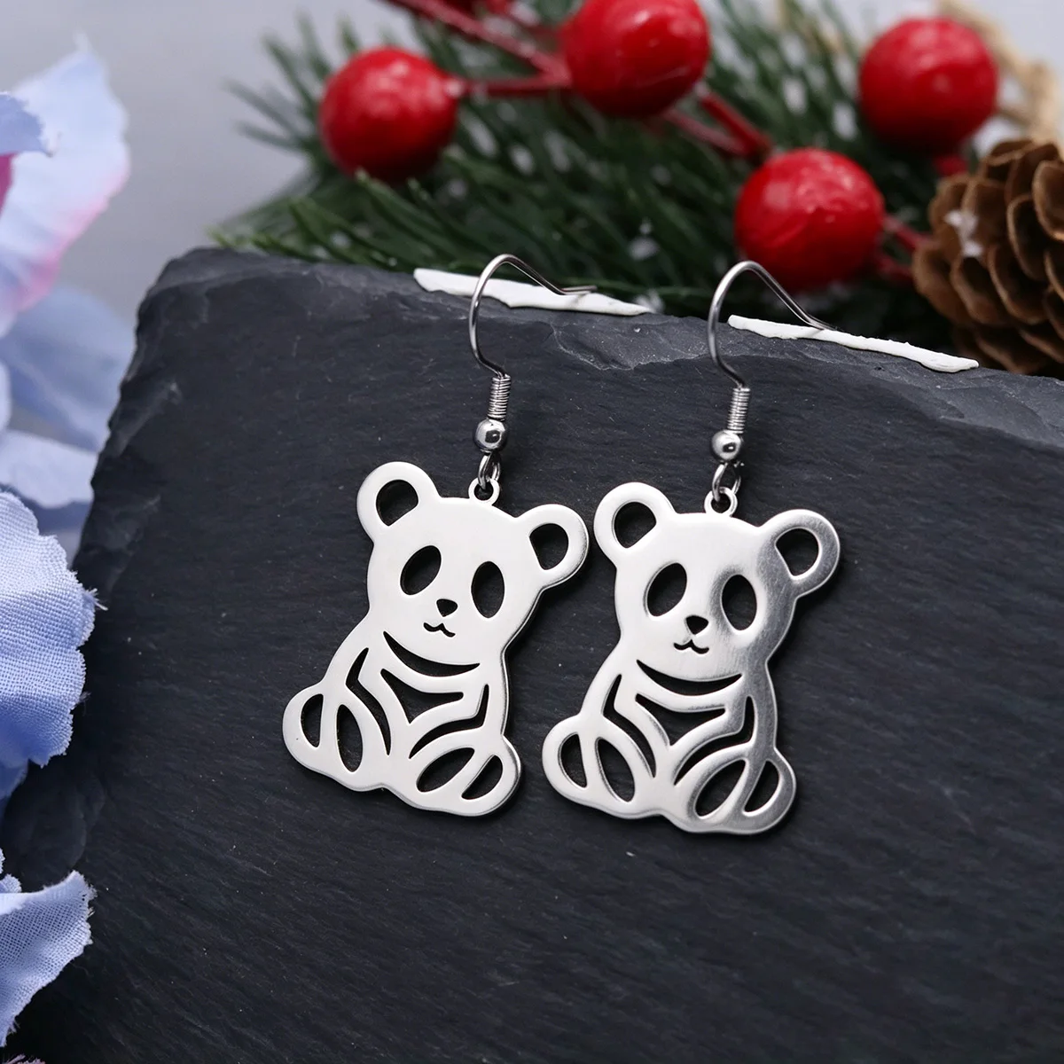 Kinitial Stainless Steel Sitting Panda Dangle Hook Earring Cute Chinese National Treasure Animal Drop Ear Jewelry Gift For Women