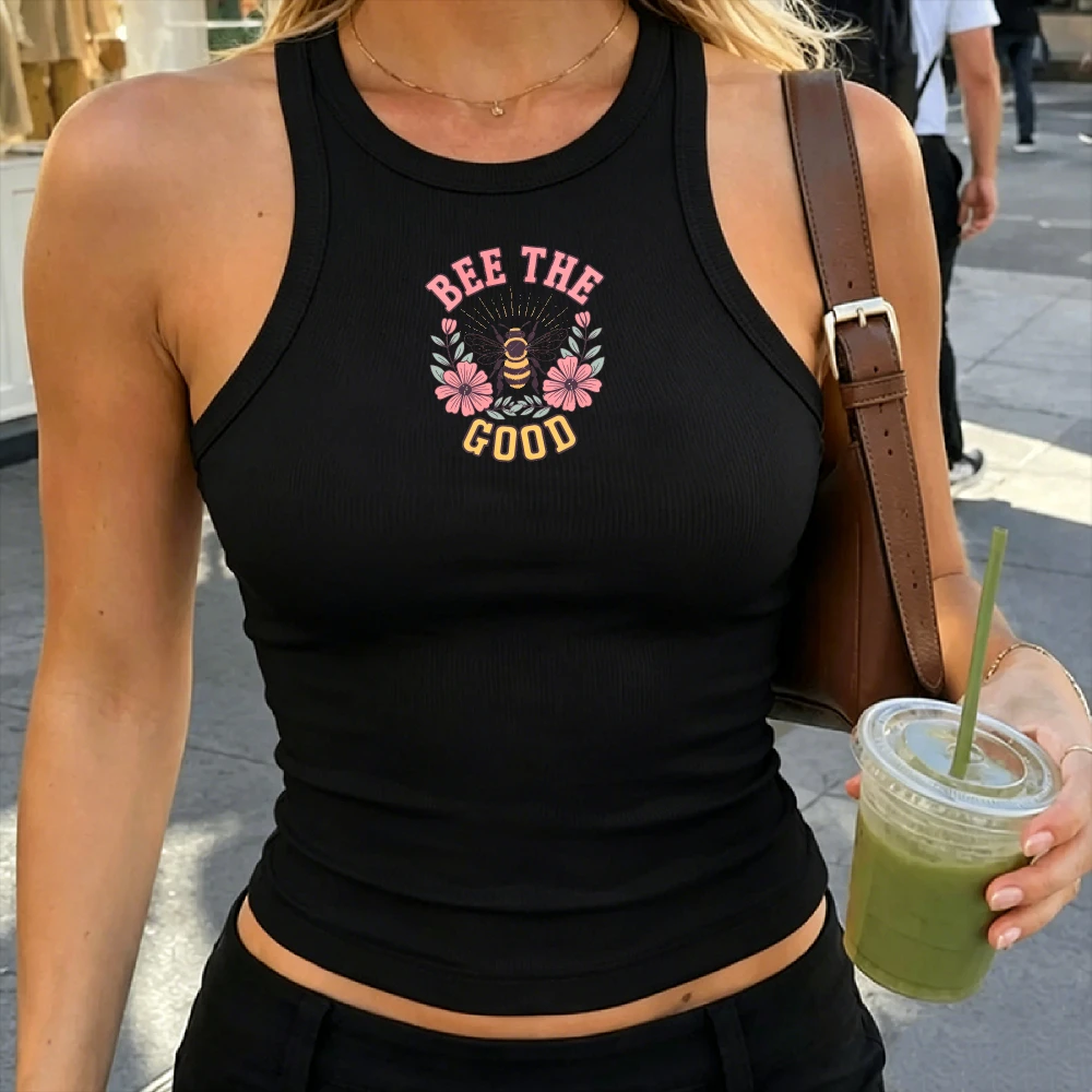Bee The Good Floral Bee Wreath Letter Print Camisole Ribbed Tank Fitted Exposed Navel Crop Y2k Top Camis Boho Summer Tank Top