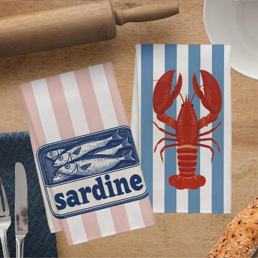 2Pcs, Striped Sardine and Lobster Kitchen Towels, 40Cm*60Cm Towel Set, Best Kitchen Towels, Super Absorbent Soft Cleaning Cloth, Cooking and Baking Tea Towels, Hand Towels, Cleaning Cloths, Dishcloths, Kitchen Decor, Living Room Decorations, Kitchen Essentials, Home Essentials