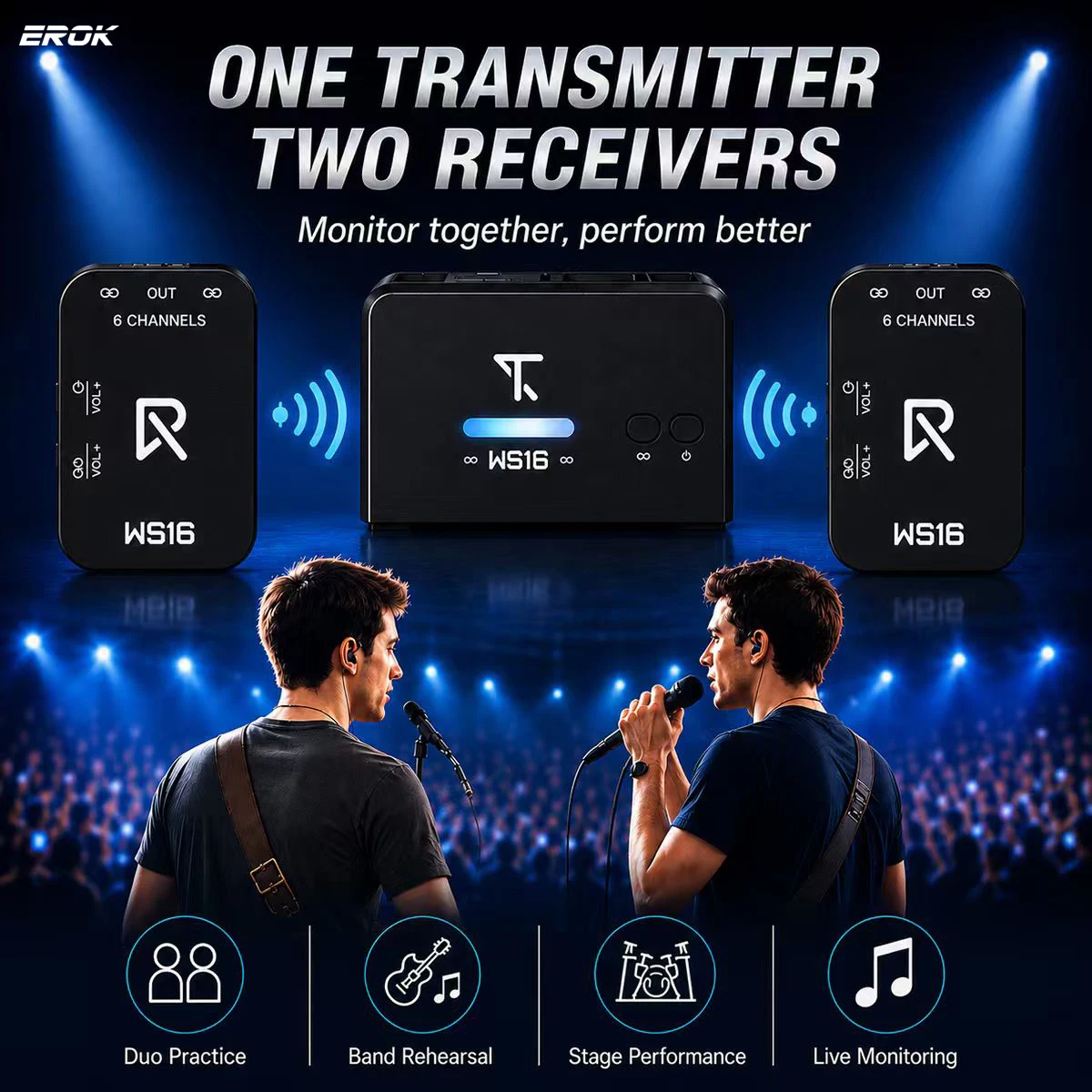 EROK WS16 Wireless IEM System 5.8GHz Low Latency Stereo In Ear Monitor Transmitter Receiver with Charging Case for Musicians