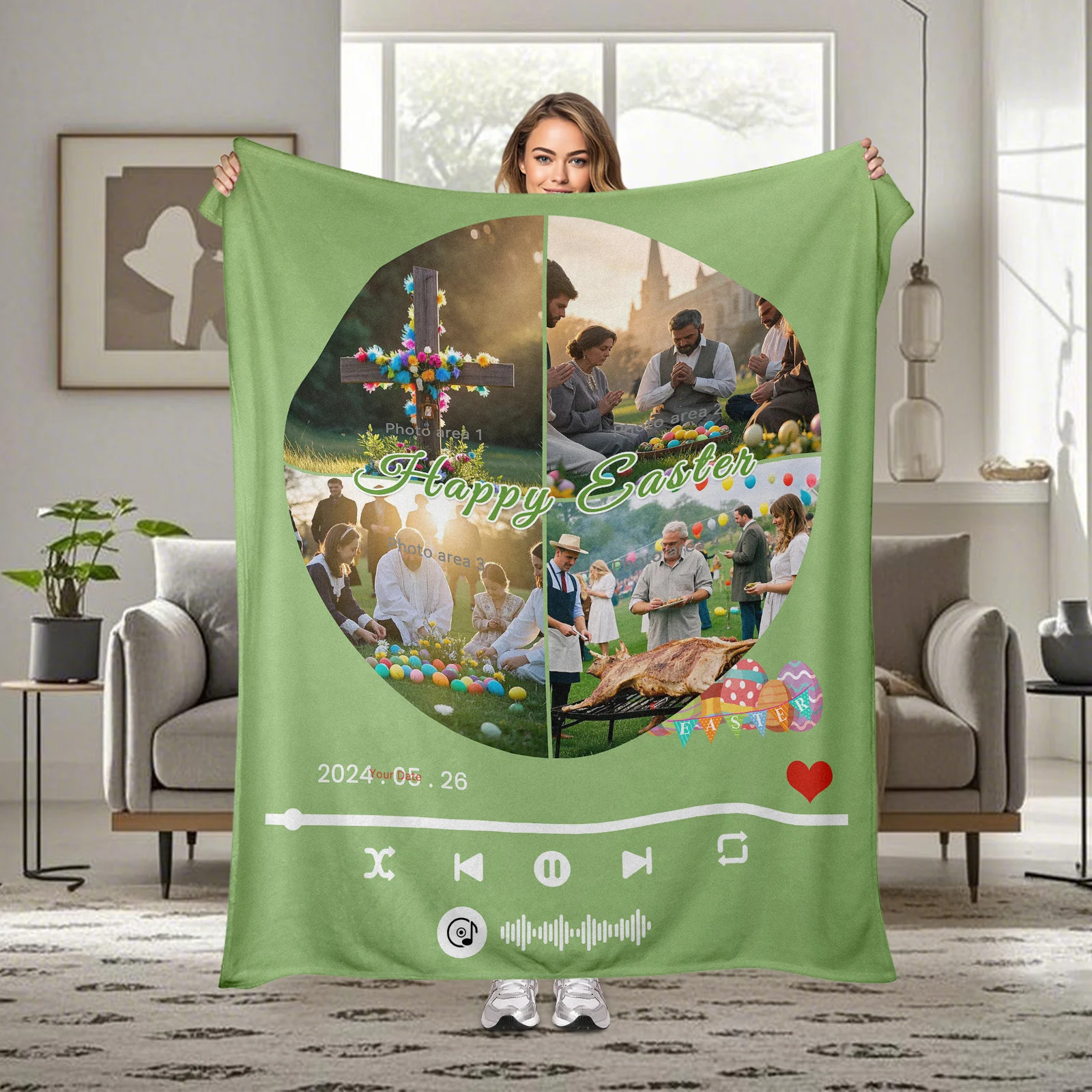 

Easter Flannel Blanket With 4 Custom Images And 1 Text For Family And Friends Soft Cozy Gift For Festive Warmth