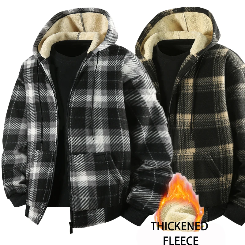 New Fashion Fleece Lined Men's Casual Hooded Plaid Shirt Jacket