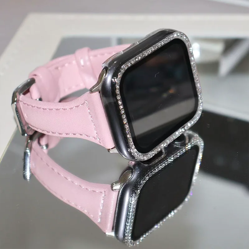 حزام جلدي نحيف + حافظة ماسية لساعة أبل سلسلة 11 10 9 8 7 6 5 SE Ultra iWatch band 42-46 مللي متر 41 مللي متر 40 مللي متر 44 مللي متر سوار نسائي
