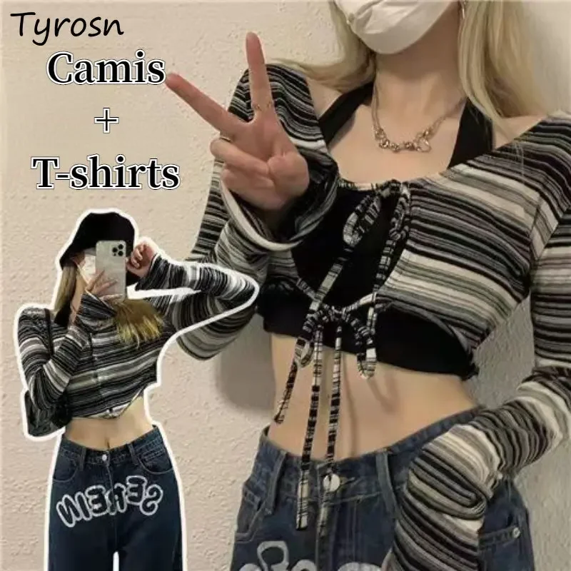 

Hotsweet комплекты из 2 предметов, женские майки с лямкой на шее, бандажные футболки в полоску, уличная одежда, модные шикарные простые повседневные универсальные футболки для школьниц