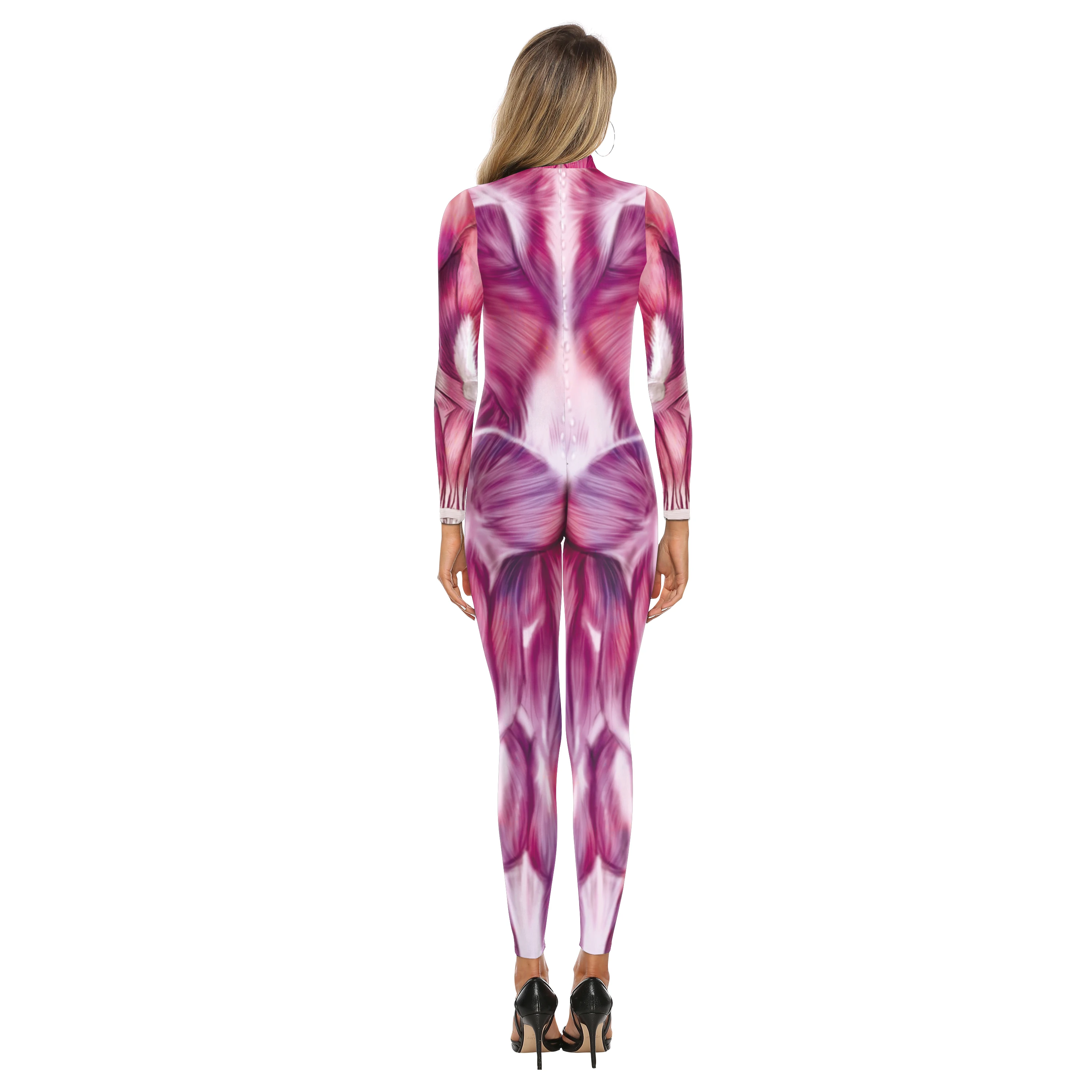 Fancy 3D Muscle Pattern Jumpsuit Women Long Sleeved Bodysuit Funny Halloween Cosplay Costume Zipper Carnival Adult Catsuit