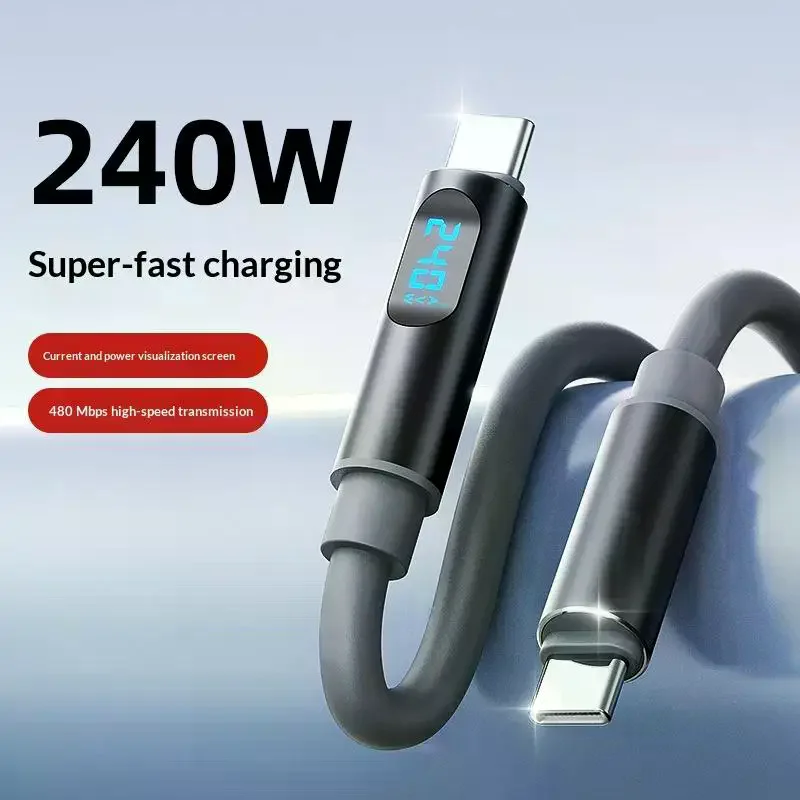 1Pc Soft Silicone Type C Charger Cord 480Mbps 240W LED Digital Display USB C To USB C Fast Charging Cable For Laptop Phone
