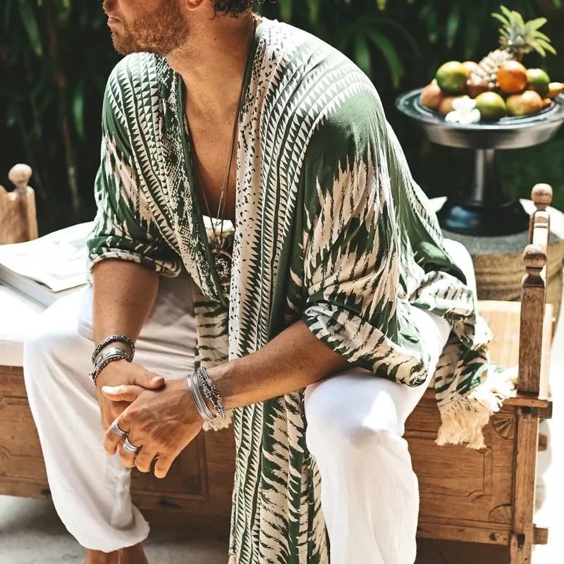 Masculino tulum linho férias cardigan longo branco cardigan primavera/verão fino camisa de proteção solar masculina franja longo cardigan