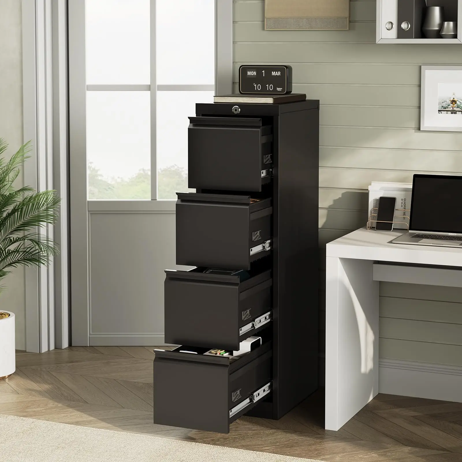 4 Drawer File Cabinet with Lock, Metal Filing Cabinets, Vertical Small Filing Cabinet Steel Lockable Storage Cabinets