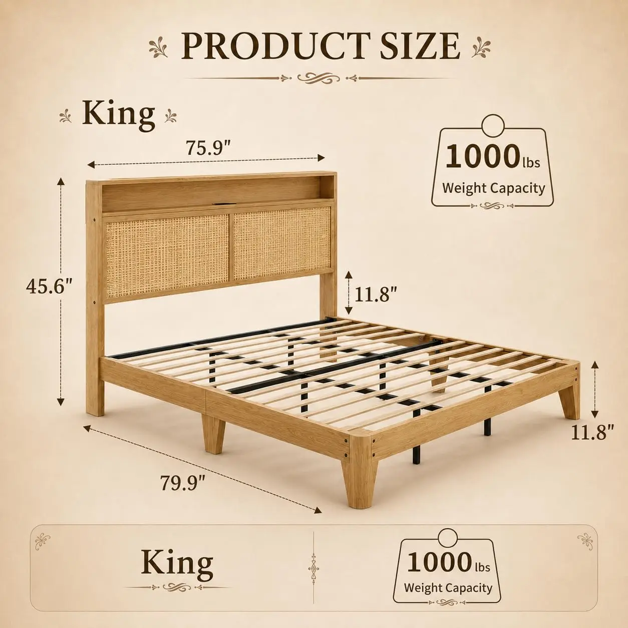 King Size Wood Bed Frame With Charging Station & Rattan Headboard, Customized