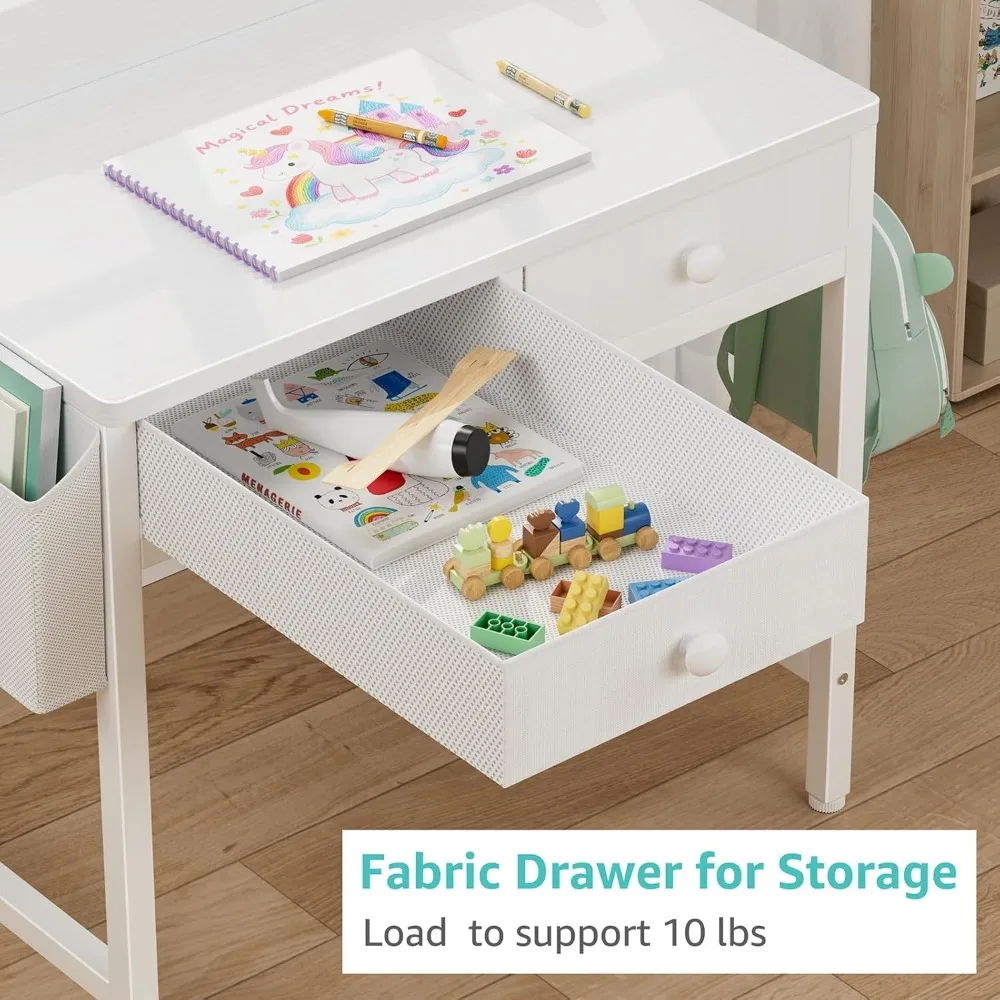 Kids Desk and Chair Set for Ages 5-8, White Study Table with Fabric Drawer Storage, Ergonomic Children's Furniture