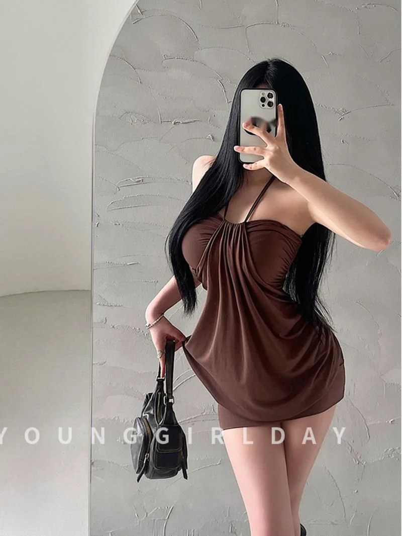 فستان صغير مثير بدون حمالات برباط مطوي للنساء ، تصميم فتاة حار ، رقبة معلقة ، فستان قصير ، قمم أرجوانية أنيقة ، موضة ، Y6IZ #6