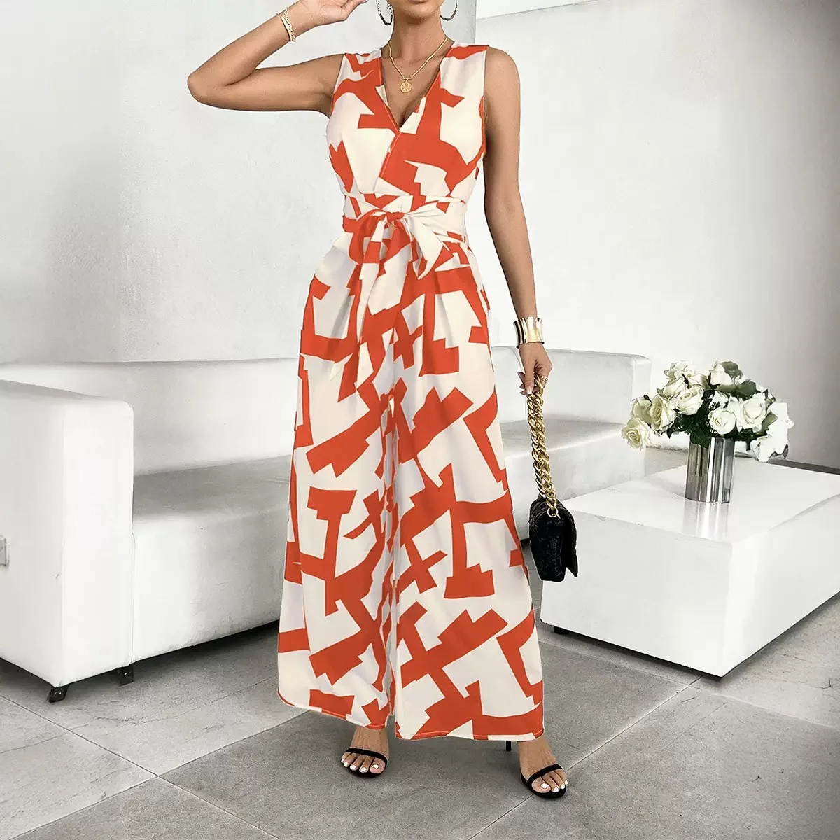 Abstract Geometric Print Sleeveless Jumpsuit Women V Neck Tie Waist Wide Leg Long Jumpsuit With Pockets