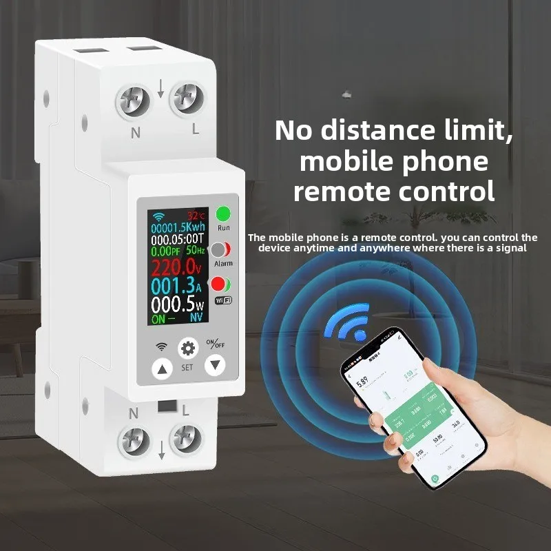 WiFi Smart Energy Meter, 1P Din Rail Voltage Current Power Monitor, Remote Control, Overload Protection