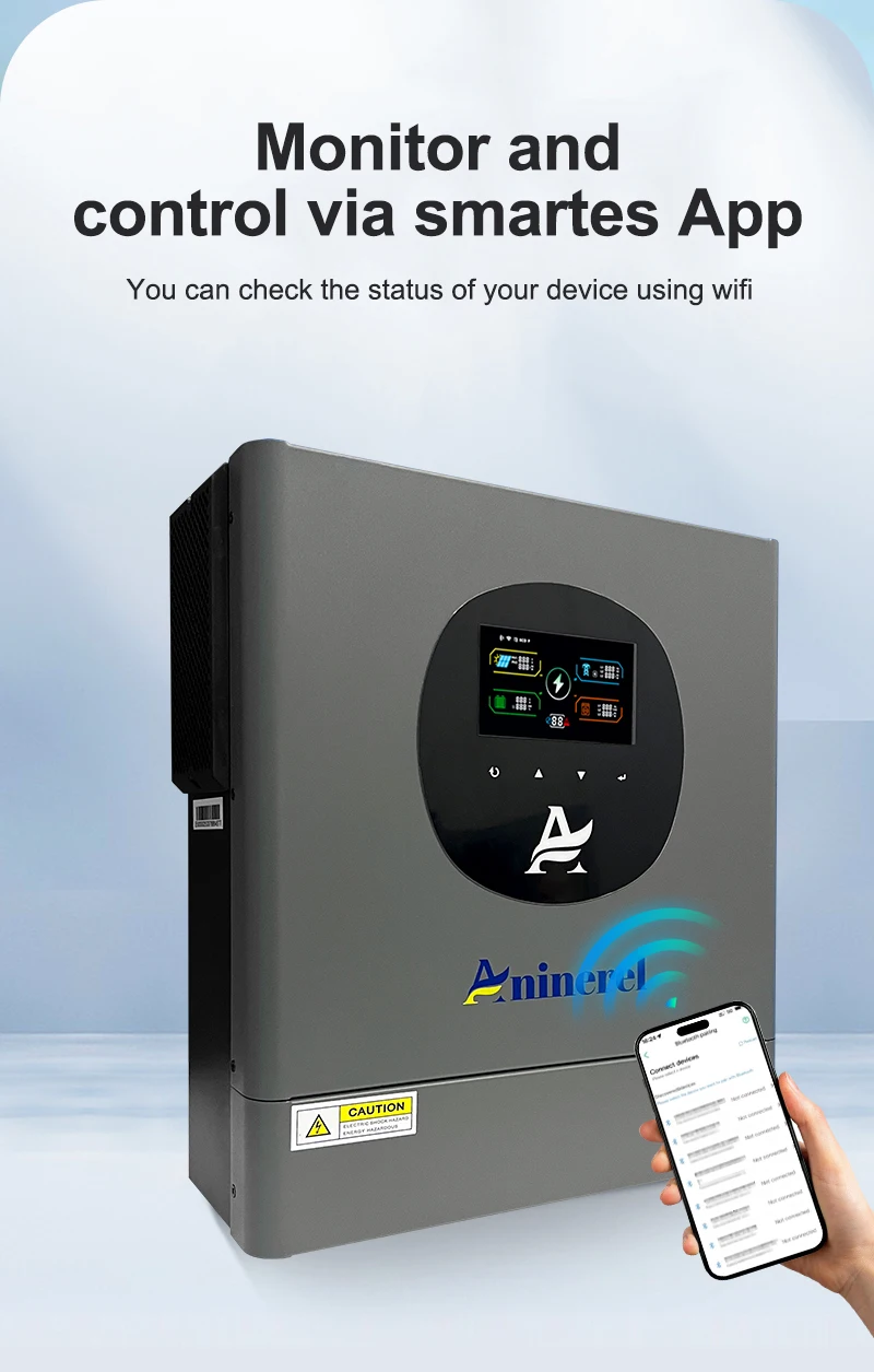 Aninerel 2 kW 4,2 kW 6,2 kW 11 kW 12 V 24 V 48 V Hybrid-Solar-Wechselrichter Dual-Ausgang Farb-LCD-Display MPPT 60 A 100 A 120 A PV 160 V – 500 VDC – Detail 16