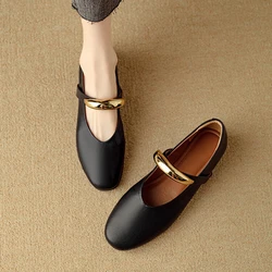 NEW Autumn/Spring Women Pumps Round Toe Low Heel Shoes Split Leather Shoes for Women Concise Metal Decoration Handmade Shoes