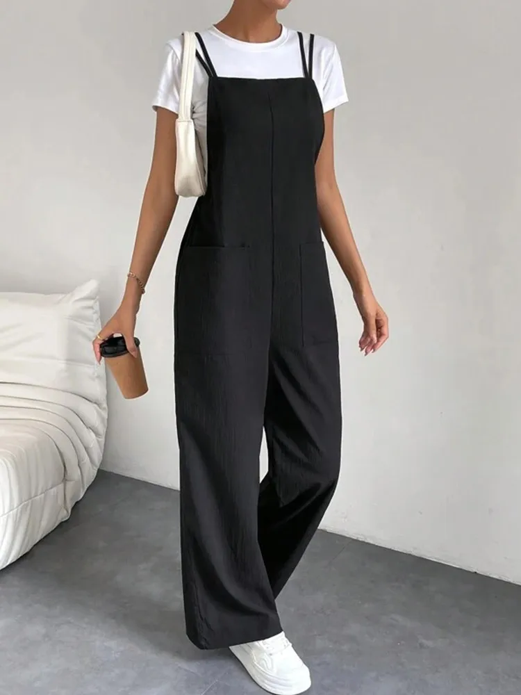 Fashion Casual Women\'s Soild Black Color Pants Pocket Double Shoulder Thin Shoulder Straight Overalls Wide-leg Long Pants