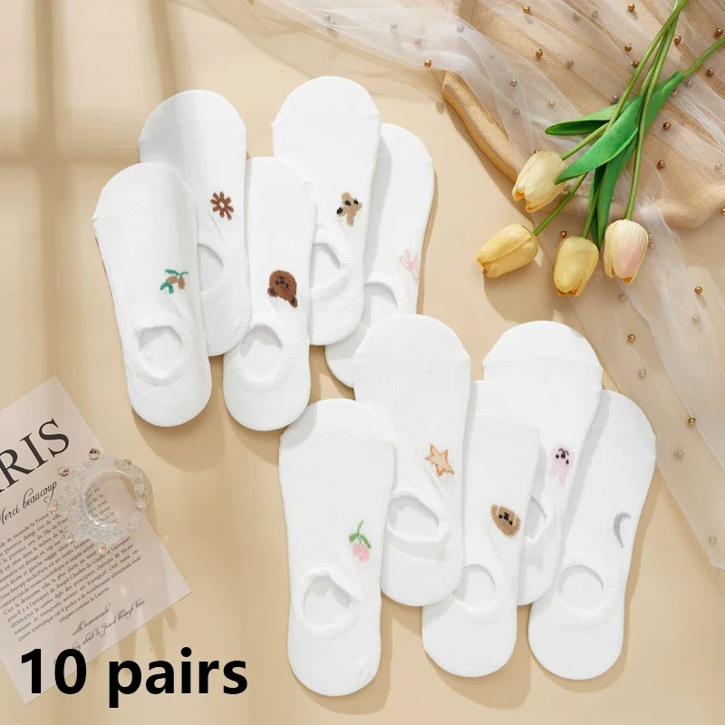 

10 пар женских хлопковых носков, повседневные дышащие короткие носки для девочек, удобные низкие носки-лодочки с милым медведем и рисунком медведя