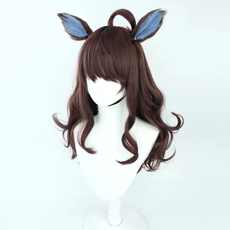 Uma-musume Pretty Derby Daring Tact Cosplay peluca marrón oscuro peluca sintética y cola de orejas mujeres fiesta de Halloween accesorios de Carnaval