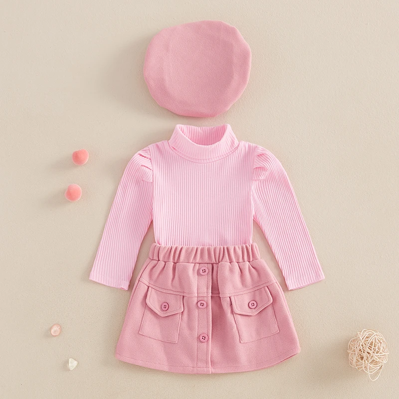 Kids Girl 3 Piece Outfit Solid Color Long Sleeves Tops and Button Elastic Skirt Beret Hat Set Cute Fall Clothes