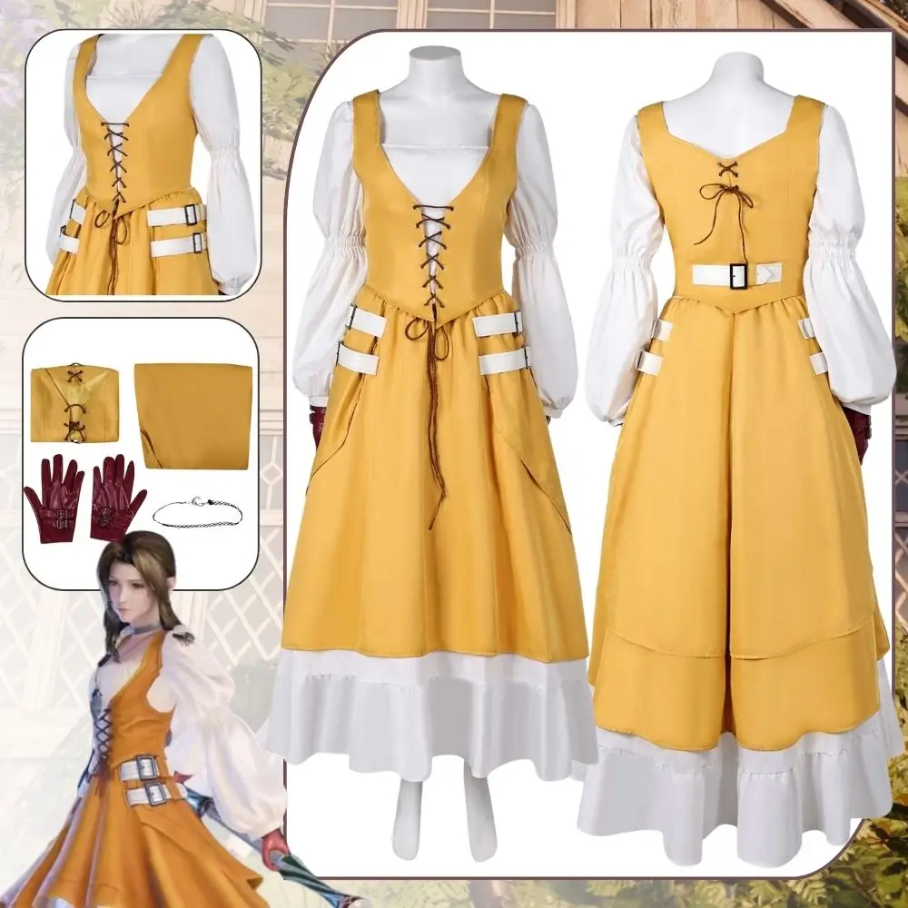 Final Fantasy 7 Aerith Cosplay Dress para mulheres, traje disfarçado para adulto, vestidos de fadas, luvas, maiô, biquínis, terno de Halloween