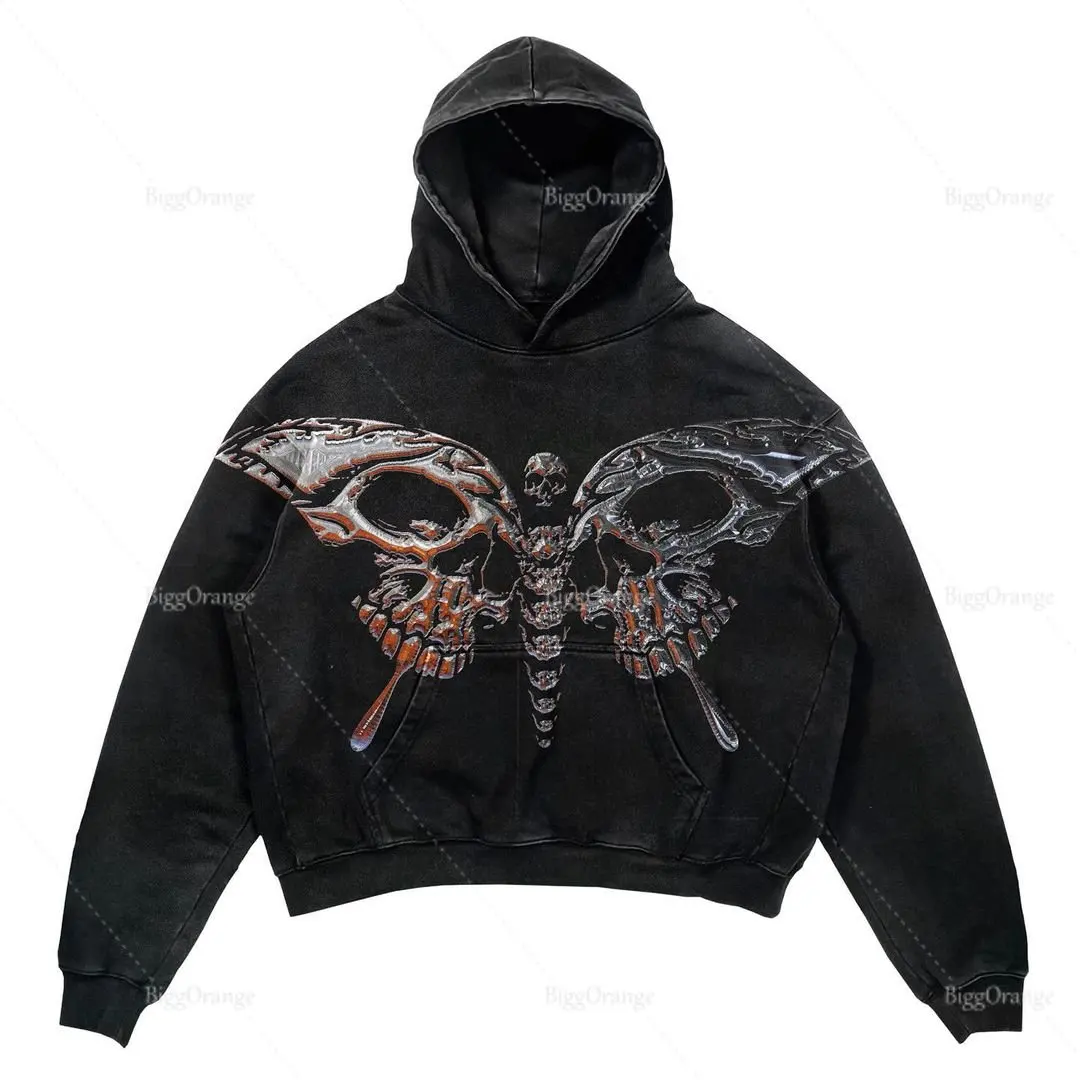 

2022 Winter Streetwear Pullover Ladies Butterfly Skull Print Hoodie Hip Hop Athleisure Sweatshirt Men